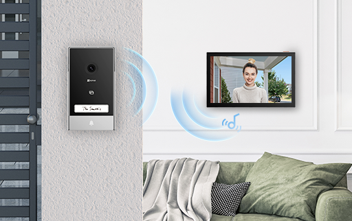 EZVIZ HP7 two-wire video intercom kit (LK599-1) — Door station and screen installation illustration