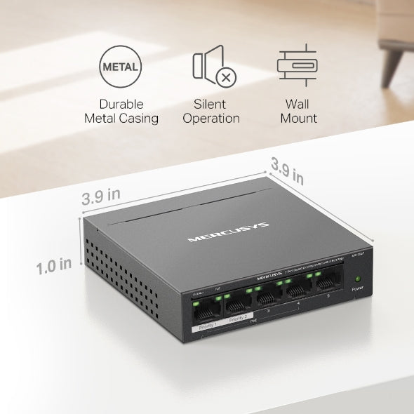 Mercusys MS105GP 5-port switch, 4 PoE+ ports (NW850-2) — Case dimensions and mounting